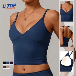 Yoga V Neck Women's Breathable Eco-friendly Nylon Spandex Naked Fabric Quick Dry Tank Top for Fitness Workout Vest