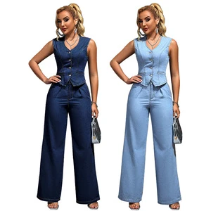 2026 New Fashion Casual Denim Two Piece Sets Women Denim Top and Pants Sleeveless Denim Suit for Women