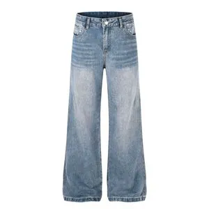 High-Street Unisex Premium Washed Denim Mid Waist Cat-Whisker-Detail Jeans Straight-Leg Tapered Trousers Breathable Casual Pants