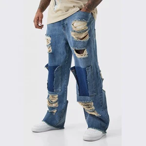 Customized Wholesale Fashion Denim Trousers Men's Loose Fit High Street Popular Men's Streetwear Pants Jeans