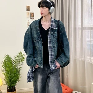 Men's Casual Denim Jacket Plaid Irregular Stitching Two-piece Design Loose and Fashionable Style Quick Dry Spandex/Cotton Autumn