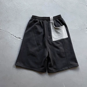 Unisex Heather Gray Oversized Shorts - Asymmetric Dark Gray Contrast Patch Pocket & Elastic Waist, Casual Streetwear Bottoms