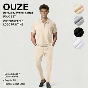 Men's Casual Two-Piece Summer Set Solid Color Collar Short-Sleeved Zipper Pant Suit Breathable