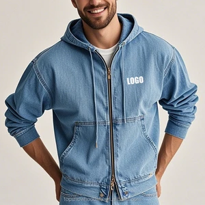 OEM Custom Wholesale Jean Washed Oversized Baggy 100% Cotton Zip Up Jacket Boxy Fit Denim Hoodie For Men