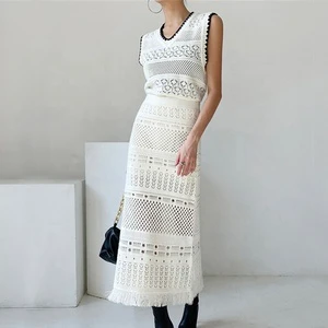 Knitwear Manufacturers Custom Summer White Cutout Knit Beach Skirt Sets Women 2 Piece Outfits