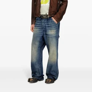 Men's Vintage Washed Denim Straight Oversized High Street Trousers Mid Waist Crystal Hole Solid Distressed for Autumn for Winter