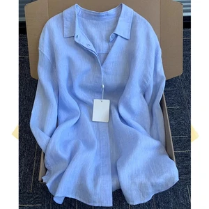 Women's Casual Cotton Blend Lapel Sunscreen Top Summer Thin Blue Shirt Cardigan Coat Loose Long Sleeve Cotton Blouses For Women
