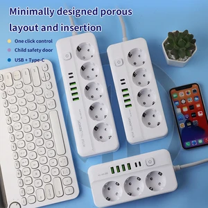 EU Schuko Power Strip With USB A Type C Fast Charging Child Safety Door 16A Master Switch Multi Outlet Cord For Home Office