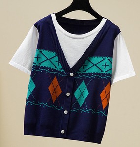 Plus Size Women's Two-Piece Style Knit Top Short Sleeve Ethnic Jacquard Pattern Loose Fit Summer Blouse