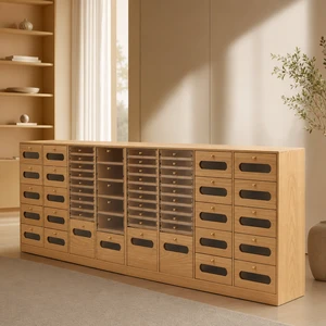 Handcrafted Natural Wood Nail Gel Organizer Cabinet with Oval Handle Drawers, Wide Counter Storage Unit for Nail Manicure Studio