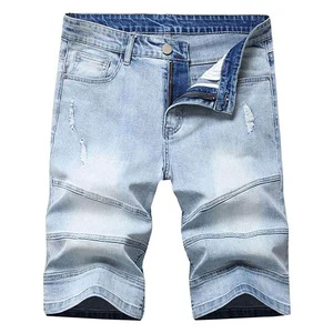 Men's Distressed Woven Denim Shorts Straight Leg Mid Waist Ripped Washed Casual Summer Cotton Waterproof Eco-Friendly Pockets