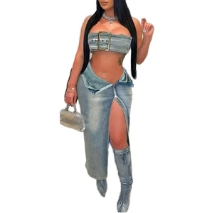 Women Denim Sets Sleeveless Belt Crop Top and Long Skirts Suits 2024 Summer Streetwear Denim Dress Two 2 Piece Sets