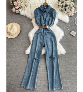 New Arrivals Sleeveless Casual Denim Long Jumpsuits Summer High Waist Jump Suits Ladies Casual Overalls One Piece