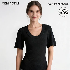 Customized Women's Summer Anti-Wrinkle Knitted Top Short Sleeved Neck Solid Color Slim Fit Ribbed Wholesale