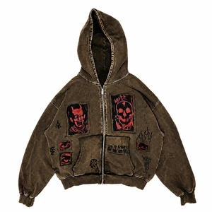 Men Acid Wash Zip Up Hoodie Brown Distressed Devil Skull Graphic Oversized Streetwear Gothic Grunge Hooded Jacket Custom OEM
