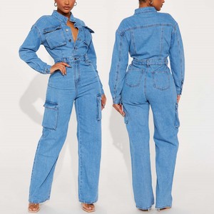 New Arrival Women Clothing Turn Down Collar Vintage New Female Denim Jumpsuit Woman Jean Overalls Long Sleeve Elegant Jumpsuits