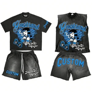 Custom Logo Acid Wash Two Piece Set Sweat Shorts Black Crop Top Acid Wash Sleeveless Tank Top T Shirt And Shorts Set