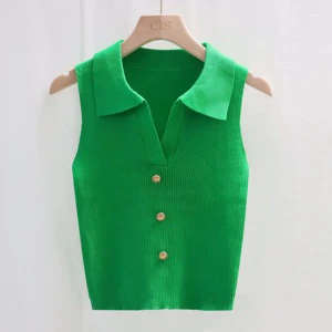 Casual Turn-down Collar Sleeveless Slim Knit Pullover Vest Custom Large Stretch Tank Top Women V Neck Knitted Sweater Vest
