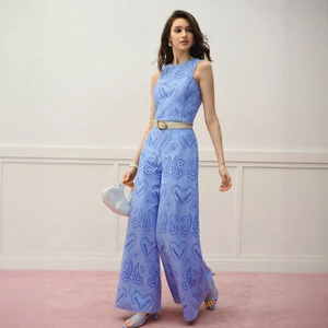 Women's Elegant Sleeveless Solid Light Blue Casual Embroidered Breathable Top Pants Set Custom High Quality Boutique Suit OEM