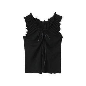 Pure And Alluring Ruffled Bow Camisole Women Black Solid Color Polyester Plus Size N8846 1 Piece Wide Shoulder Strap