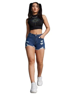 Elastic women's tear-tear denim shorts and elastic summer jeans shorts