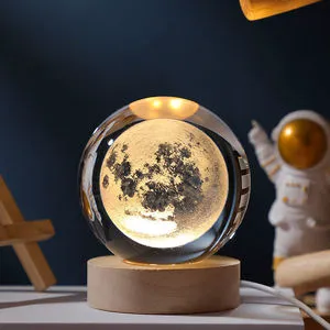 Round Wooden Base Crystal Ball Display LED Light Stand Glass Resin Art Ornament Lamp Holder Night Light Christmas
