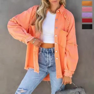 Casual Women's Long Sleeved Denim Jacket with Washed Edges Medium to Long Loose Fit