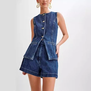 Womens Denim 2 Piece Set Sleeveless Button Down Vest Tops Short Pants Suit Sets