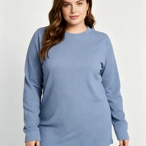 Premium Soft Ribbed Plus Size Women's T-shirt, Crew Neck Long Sleeve Solid Color Knit Top for Daily & Layering