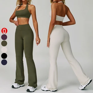New Lady Solid Front Breathable Yoga 2-Piece Gym Workout Set Halter Neck Sports Bra Quick Dry Lightweight High Waist Butt Lift