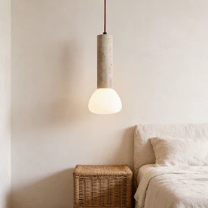 Modern Travertine Pendant Light Cylinder Stone Hanging Lamp with Glass Shade