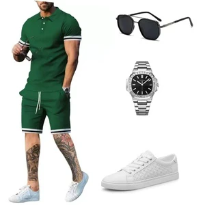 2025 Men's Summer Leisure Suit with Short Sleeve Striped Shorts Quick Dry Thermal Vintage Print Casual & Formal Set