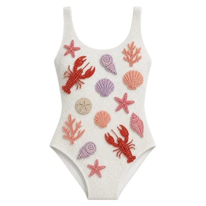 Luxury Shiny Swimwear Women Custom White One Piece Swimsuit With Beaded Sea Life Embroidery Square Neck Sleeveless Bodycon Fit