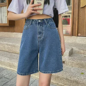 Women Denim Shorts Summer Vintage Streetwear Female High Waist Wide Leg Straight Short Pants Solid Color Ladies Jean Shorts