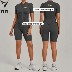 Women High Intensity Sports Jumpsuit Half Zipper Gym Running Yoga Push up Workout Fitness Wear One Pieces Tight Bodysuits