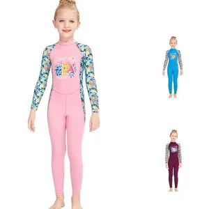 Girls Children One-Piece Neck Polyester Back Zipper Breathable Printed Rash Guard Long-Sleeve UV Protection Beachwear Surfing