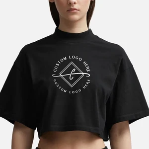Women's Crop Top Custom 100% Cotton Tshirts Oversize Mock Neck Crop Top Tshirts Wholesales Sexy Style Tee Cropped T-shirt