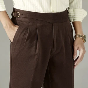 Men's Italian Retro High Waist Straight Leg Casual Trousers Spring Collection Copper Buckle Double Knife Waist Colored Wash