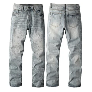 Y2K Vintage Wash Stretch Denim Biker Jeans Men Baggy Ripped Rhinestone Embellished Breathable Four Season Street Trousers
