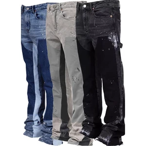 Mens Vintage Mid Waist Denim Work Pants Euro-American Instagram-Famous Workwear Hot Elastic Patchwork Flared Layered Trousers