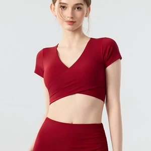 Womens V-neck Short-Sleeve Yoga Top Built-In Padded Cups Breathable Spandex/Nylon Outerwear Nude-Feel Tummy-Controlled