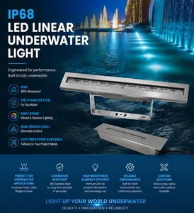 IP68 Waterproof Sea Water 316L Stainless Steel Swimming Pool 24V DC 60Watt RGBW Linear LED Underwater Lighting DMX512 Control