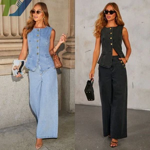 High-quality Fashion-style Buttons Sleeveless Jacket Wide-leg Jeans Women's Denim Suit Lady's Suit Women Set