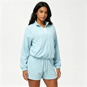 Women Autumn Winter Yoga 2-Piece Set European American Style Textured Long Sleeve Coat Shorts Casual Sports Suit
