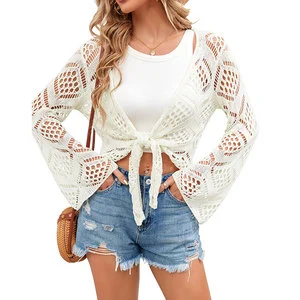 OEM Custom Women's Beach Cover up Long Sleeve Sun Protection Swimsuit Cover Sexy Hollow Out Vacation Top