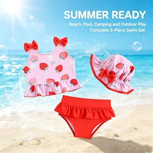 UV Protection Girls' Baby 3-Piece Tankini Swimsuit Set with Hat Strawberry Pattern Kids UPF 50+ Swimsuit Set