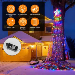 11.48FT 350LED Multicolored Christmas Star Waterfall Tree String Light Waterproof Indoor Outdoor String Lights Holiday Lighting