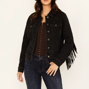 LARSUR Custom Factory Denim Jacket with Suede Fringe Tassel Distress Wash Bomber Cropped Long Sleeves Short Jean Jacket Women
