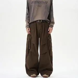 American-style Heavy-Duty Medium Washed Cargo Pants Men's Loose Fit Mid Waist Straight-Design Denim Trousers