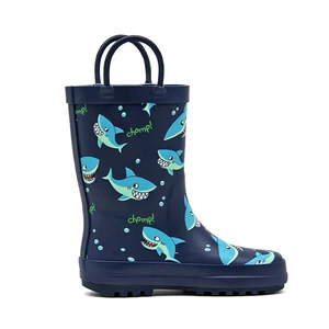 Cartoon Shark Rubber Rain Boots Double Black Pull Handle Loops Waterproof Non Slip Navy Ocean Animal Lightweight Rain Shoes